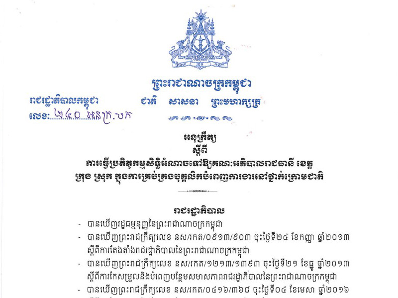 អនុក្រឹត្យ​លេខៈ ២៤០ ស្តីពីការធ្វើប្រតិភូកម្មសិទ្ធិអំណោចទៅឱ្យគណៈអភិបាលរាជាធានី ខេត្ត ក្រុង ស្រុក ក្នុងការគ្រប់គ្រងបុគ្គលិកបំពេញការងារនៅថ្នាក់ក្រោមជាតិ